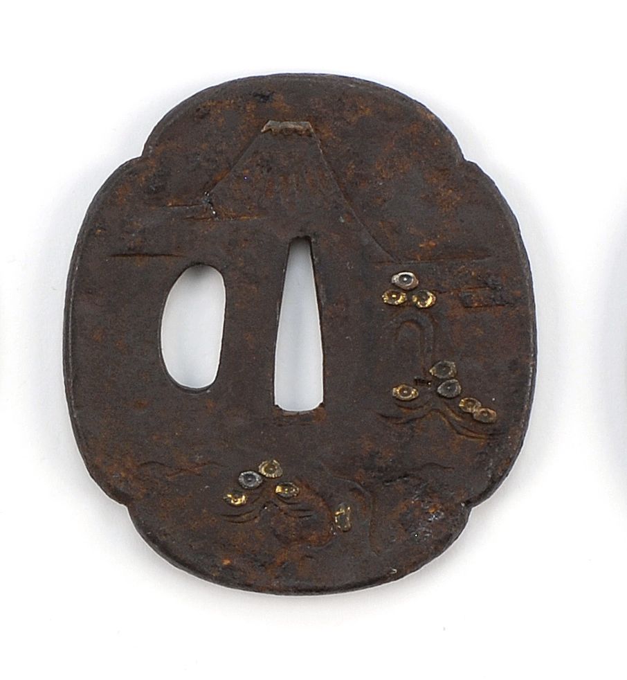 Appraisal: INLAID IRON MOKKO-FORM TSUBA th CenturyWith Mount Fuji and pine