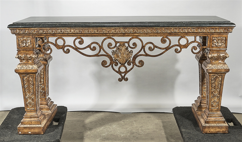 Appraisal: European-style console table imitation stone top with openwork scrolling form