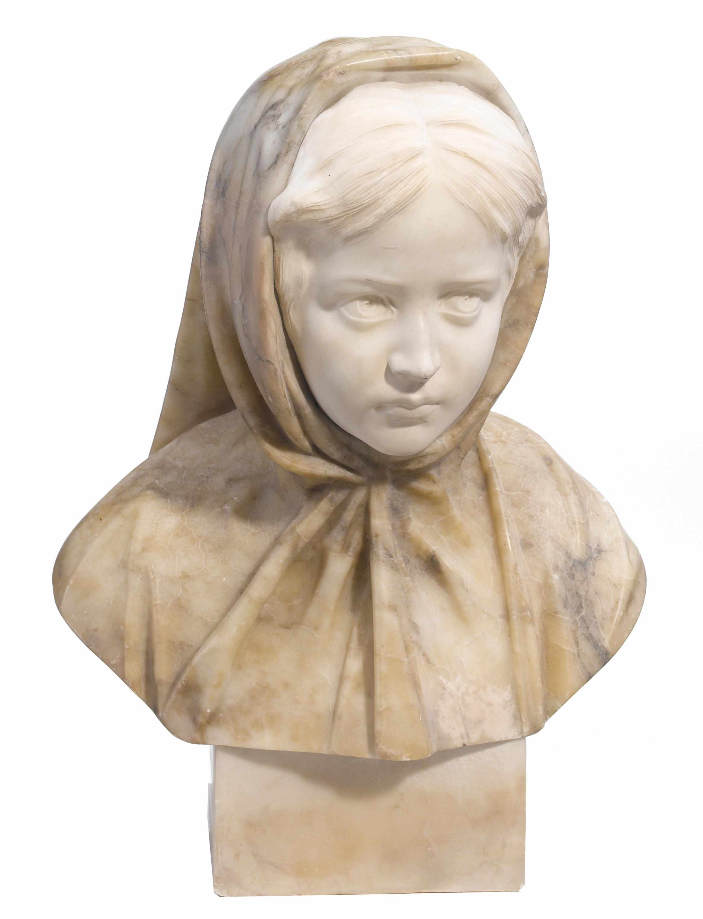 Appraisal: An alabaster bust of girl with hood Inscribed Prof G