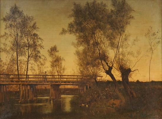 Appraisal: BERVIN th century LANDSCAPE WITH BRIDGE AT SUNSET signed lower