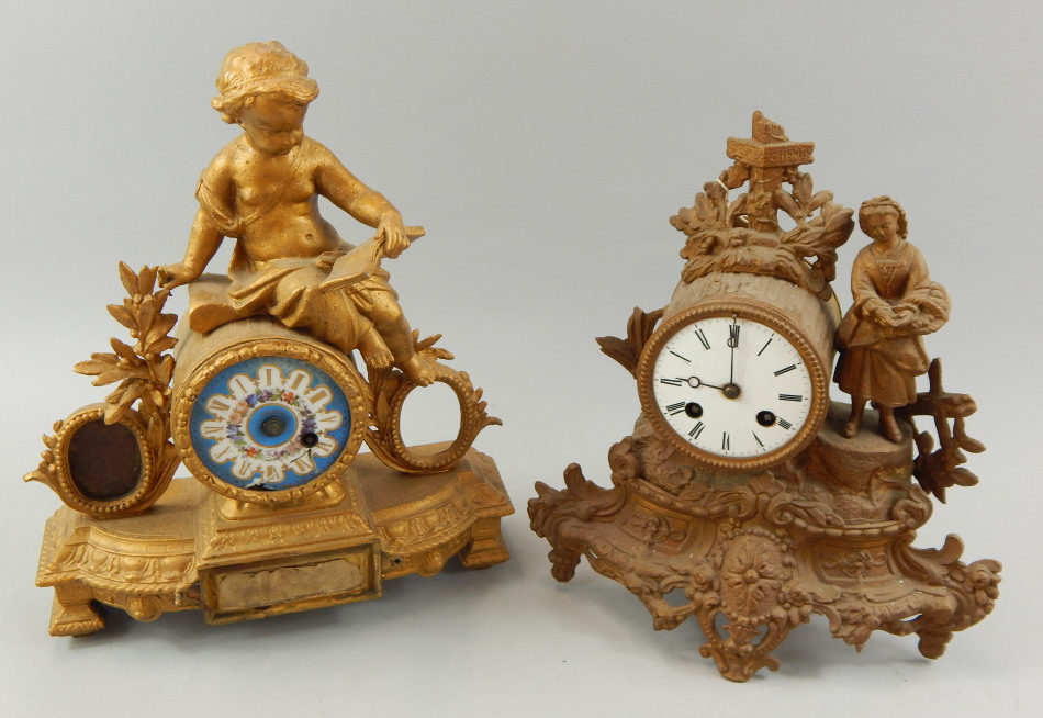 Appraisal: Two late thC French gilt metal figural mantel clocks each