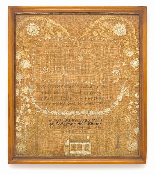 Appraisal: A silk and linen needlework sampler Rhoda Bean circa Worked