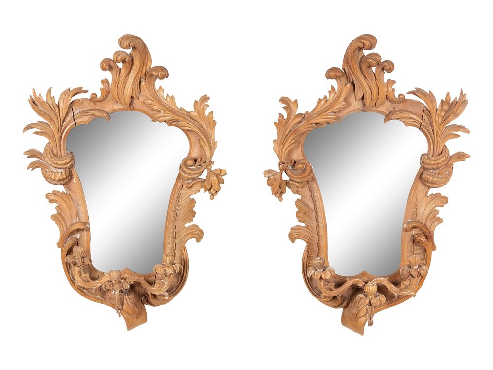 Appraisal: A Pair of Italian Carved Two-Light Girandole Mirrors A Pair