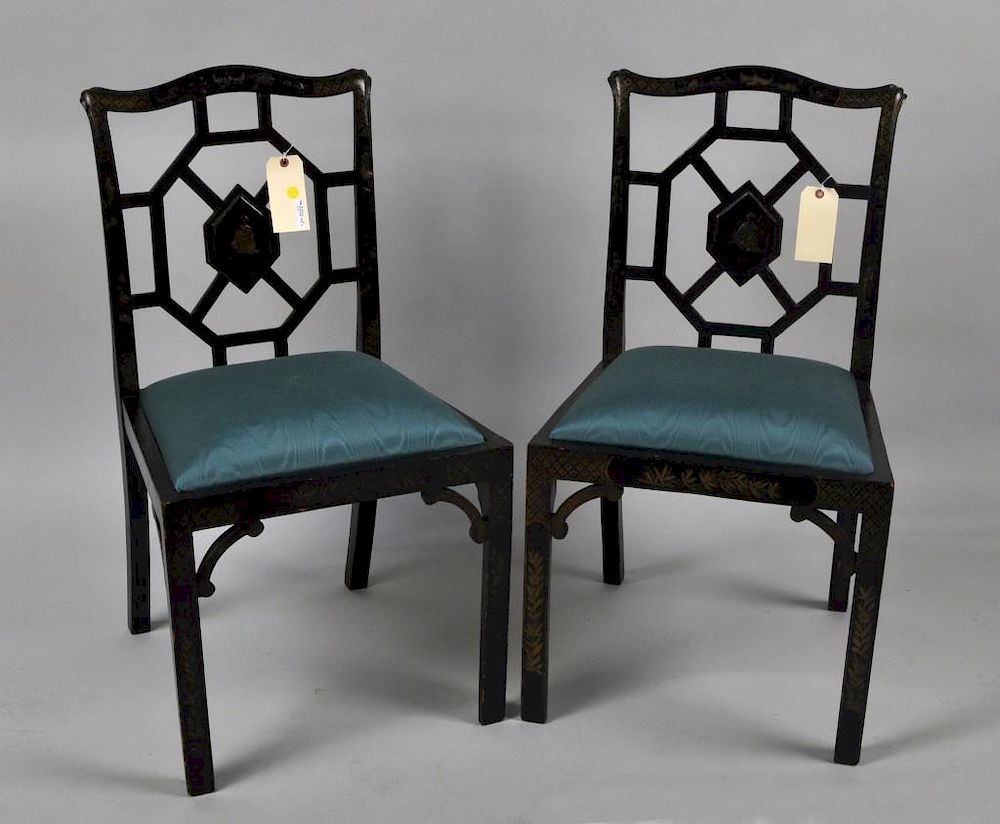 Appraisal: Pair Georgian Style Chinoiserie Cockpen Chairs with green moire' fabric