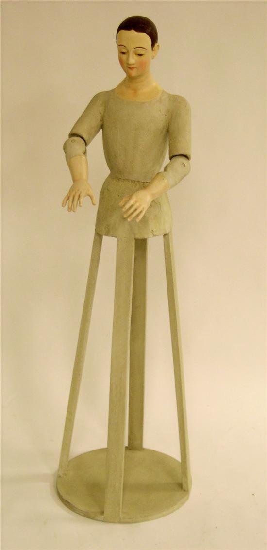 Appraisal: Tall articulated Santos on slat base painted head torso and