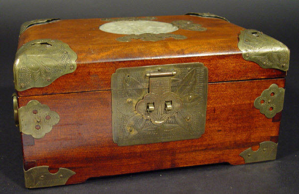 Appraisal: Oriental hardwood jewellery box with brass mounts and carved jade