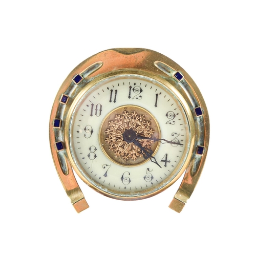 Appraisal: A brass horseshoe novelty timepiece c with blue enamel 'nails'