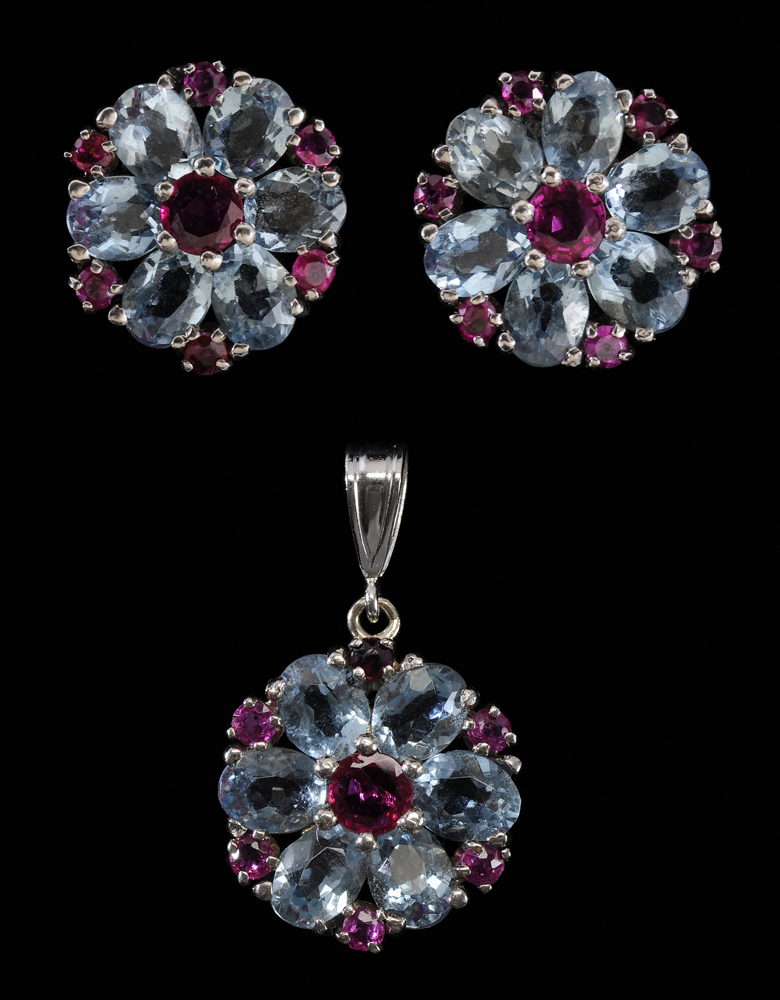 Appraisal: Aquamarine and Ruby Pair Earrings Pendant oval faceted aquamarines total