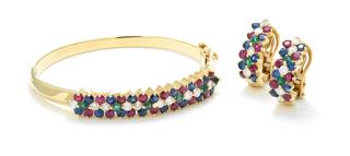 Appraisal: AN EMERALD RUBY SAPPHIRE AND DIAMOND BRACELET AND EARRINGS AN