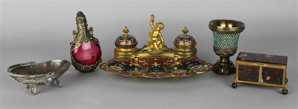 Appraisal: FRENCH GILT-BRONZE-MOUNTED CHAMPLEVE ENAMEL INKSTAND late th C the shell-form