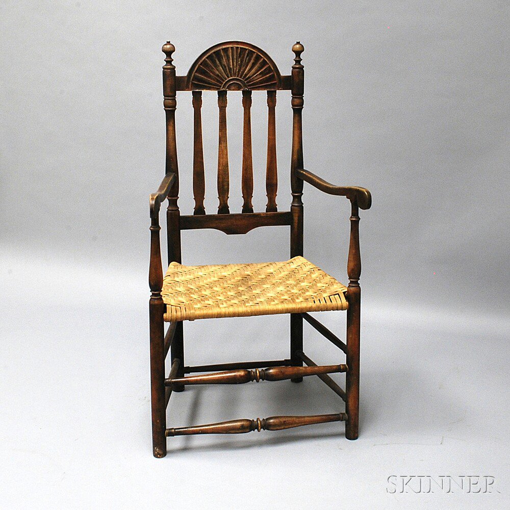 Appraisal: William and Mary-style Stained Maple Banister-back Armchair the arched cresting