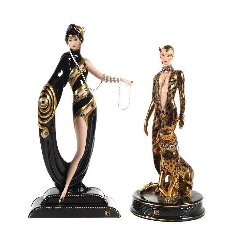 Appraisal: LEOPARD AND PEARLS EMERALDS ERTE FIGURINESTwo porcelain Art Deco figurines