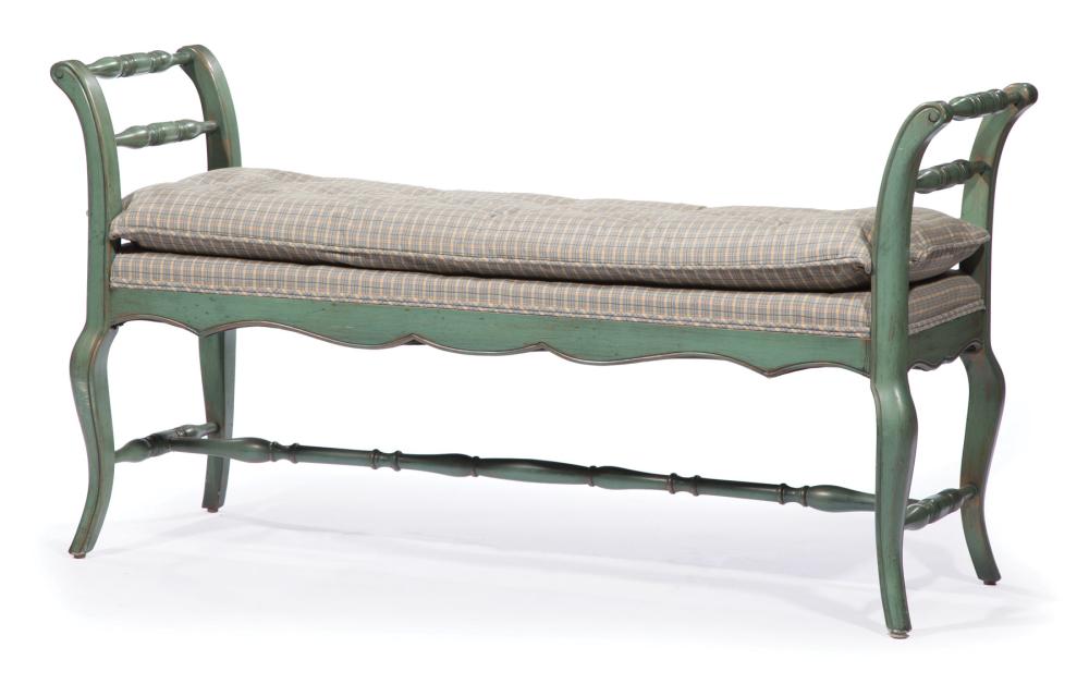 Appraisal: Provincial-Style Verte Peinte Window Bench outswept arms baluster turned stretchers