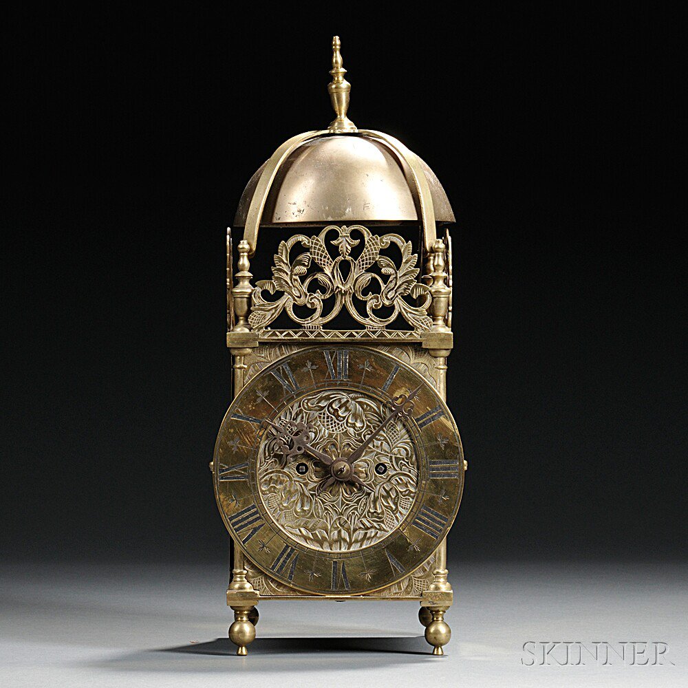 Appraisal: Brass Fusee Lantern Clock England c brass case with strapped