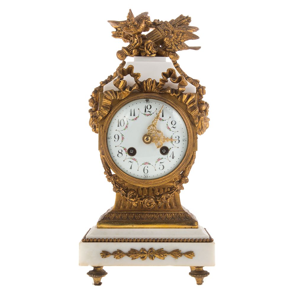 Appraisal: French marble and bronze mantle clock th century bronze case