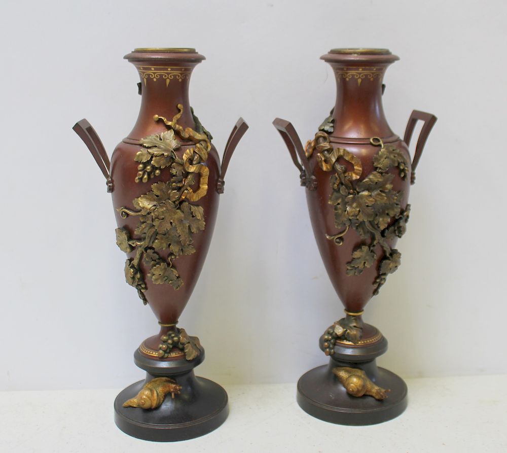 Appraisal: Pair of Finest Quality Patinated Bronze Vases With carved Relief