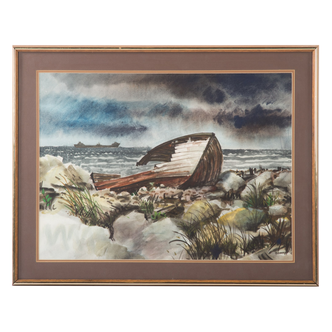 Appraisal: Michael Frary Wrecked Boat on Shore watercolor American - Watercolor