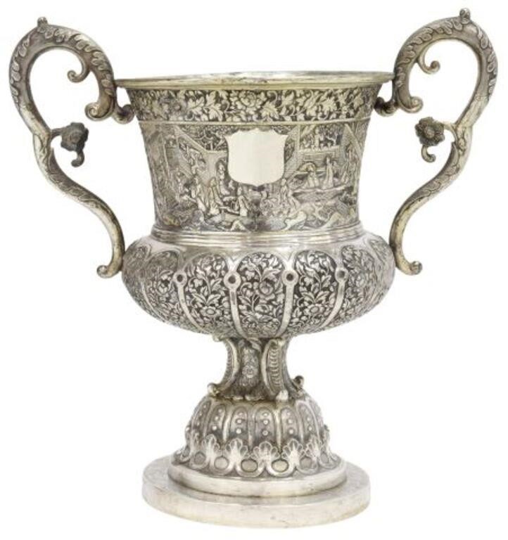 Appraisal: Large Chinese Export repousse silver trophy cup bearing hallmark 'Lombardic