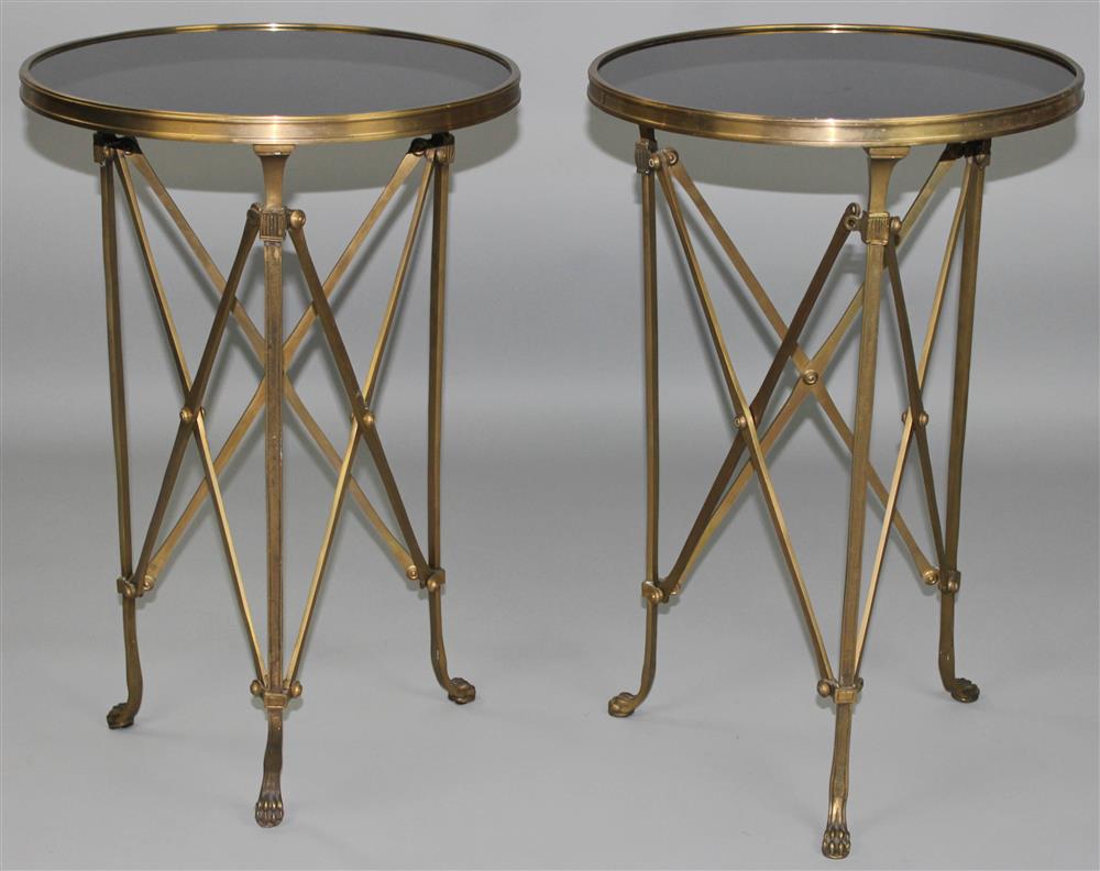 Appraisal: PAIR OF DIRECTOIRE STYLE BRASS SIDE TABLES WITH ROUND BLACK