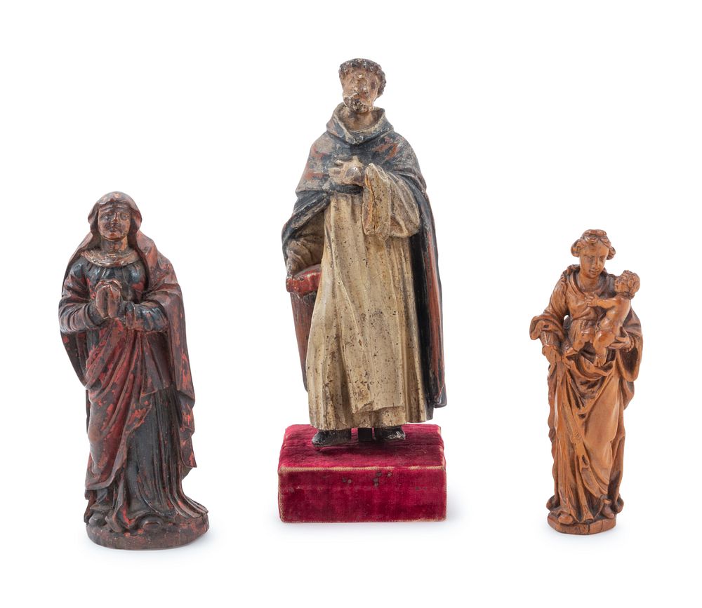 Appraisal: Three Continental Carved and Painted Wood Religious Figures Three Continental