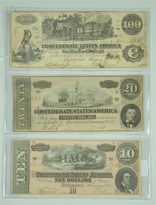 Appraisal: Three Confederate Notes train with smoke dated with redemptions stamped