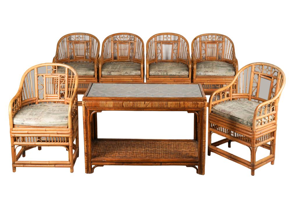 Appraisal: RATTAN FURNITURE SUITEcomprising six barrel back armchairs inches wide inches