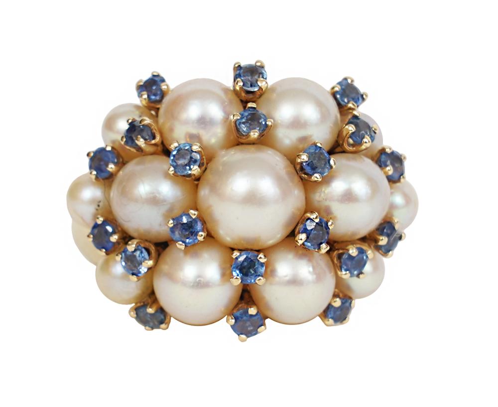 Appraisal: KT GOLD PEARLS AND SAPPHIRE CLUSTER RING kt yellow gold