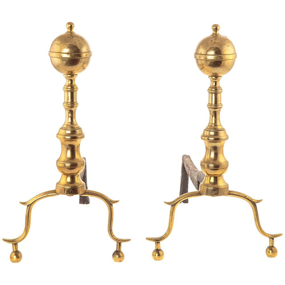 Appraisal: Pair of Federal Brass Cannonball Andirons Circa - with nipple