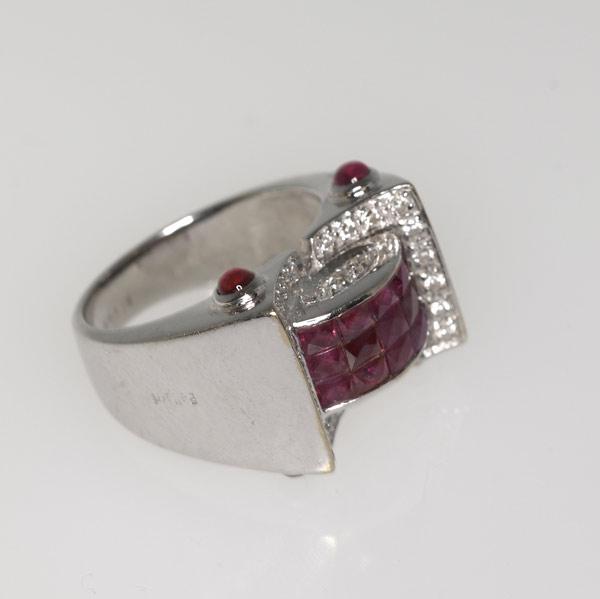 Appraisal: RUBY DIAMOND RING Invisibly set in Odeonesque design k wg