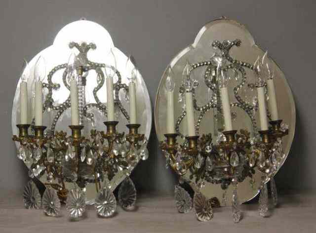 Appraisal: Pair of Bronze and Beaded Mirror Back Sconces arm sconces