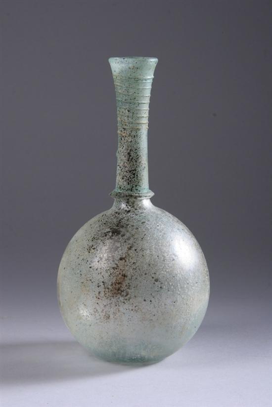 Appraisal: ROMAN LIGHT GREEN GLASS BOTTLE Circa AD Globular body elongated