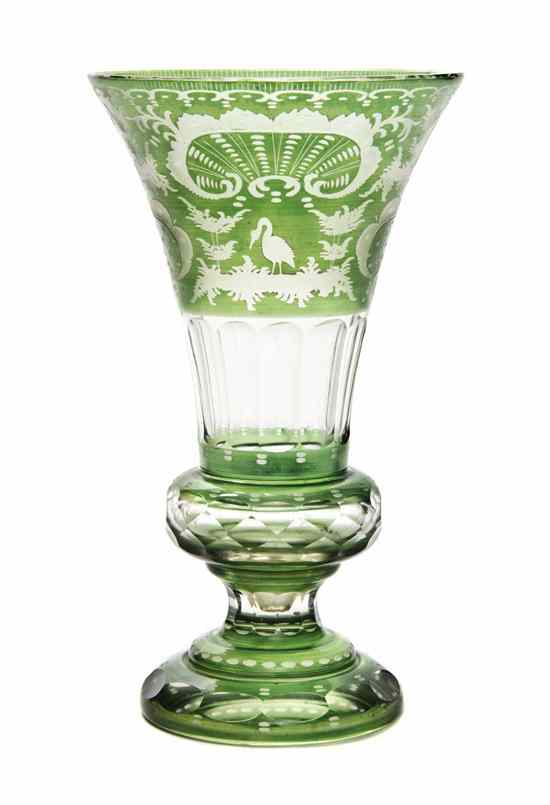 Appraisal: A Bohemian Green Cut to Clear Glass Trumpet Vase decorated