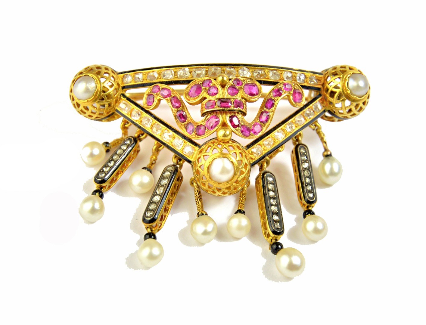 Appraisal: A gold ruby and diamond set enamelled and pearl brooch