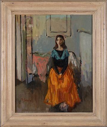 Appraisal: MOSES SOYER - GIRL SEATED IN ORANGE DRESS Oil on