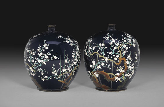 Appraisal: PAIR SIGNED JAPANESE CLOISONN VASES Pair of beautifully detailed miniature