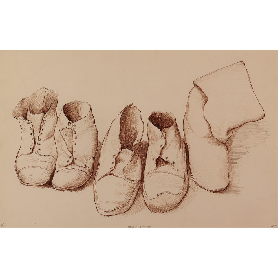 Appraisal: WILLIAM KURELEK R C A PIONEER FOOTWEAR pen and ink