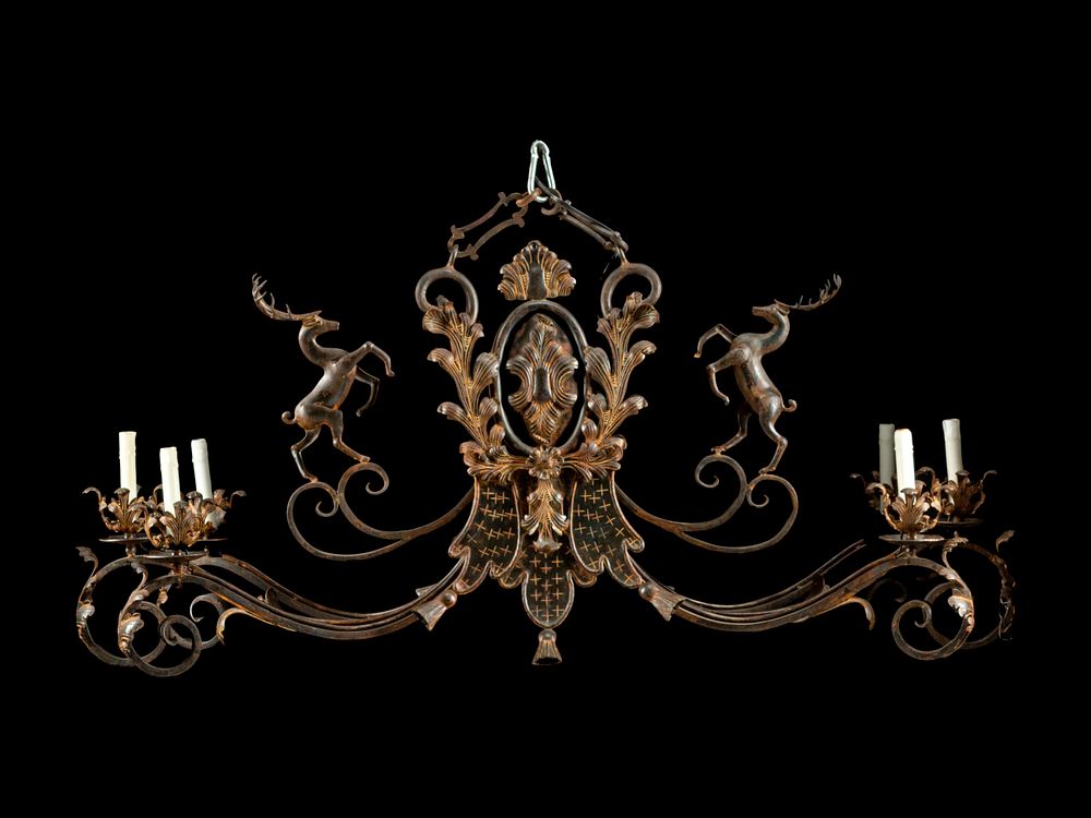 Appraisal: A Wrought Iron and Ta le Six-Light Chandelier A Wrought