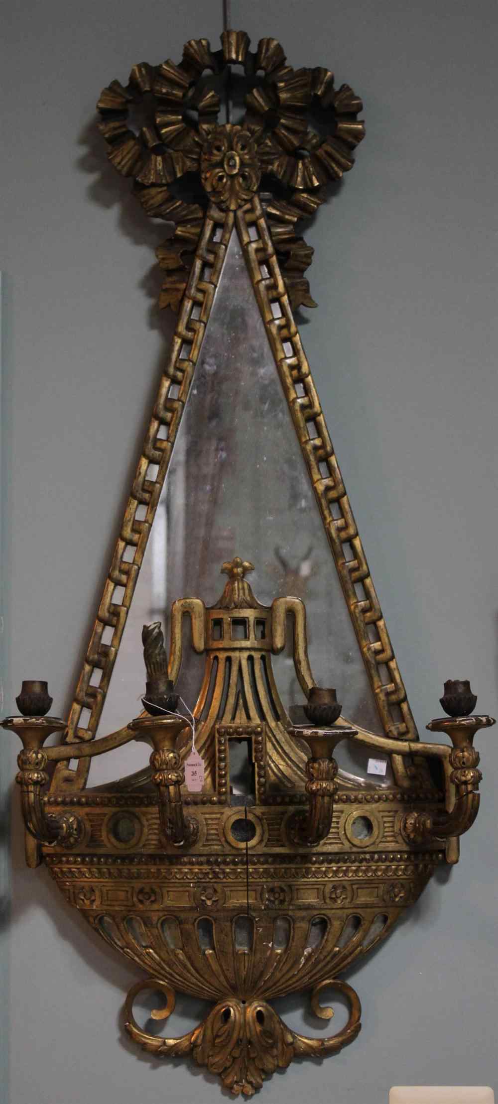 Appraisal: PAIR OF LARGE NEO-CLASSIC GILTWOOD MIRRORS FOUR- LIGHT SCONCES POSSIBLY