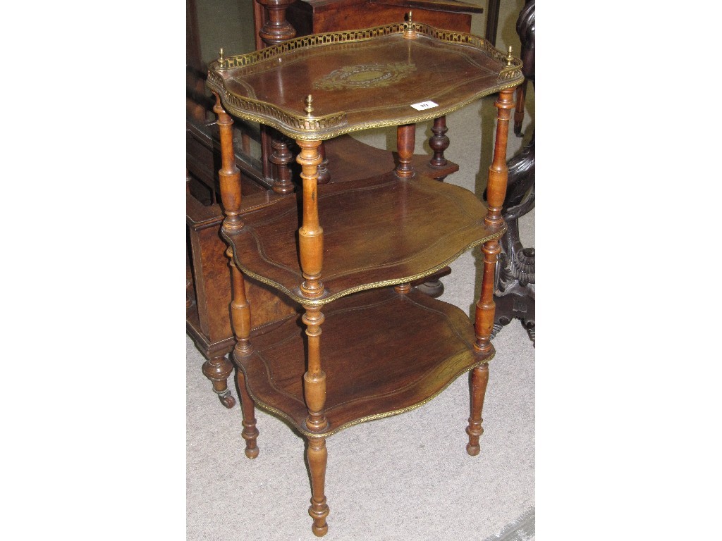 Appraisal: Continental brass inlaid and ormolu mounted three tier what not