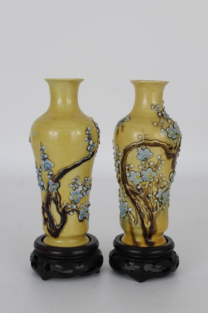 Appraisal: Chinese Yellow Ground Enameled Porcelain Vases Chinese Yellow Ground Enameled