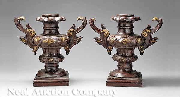 Appraisal: A Pair of Italian Carved and Polychromed Wood Urns molded