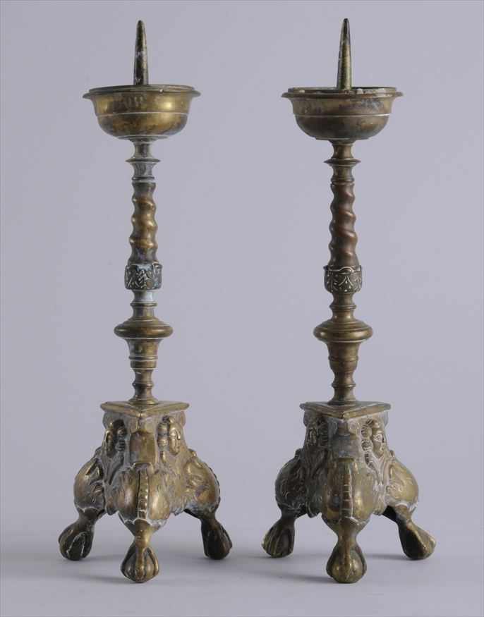 Appraisal: PAIR OF DUTCH BAROQUE BRASS PRICKET STICKS Each spiral twist