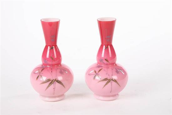 Appraisal: PAIR OF PEACHBLOW VASES Possibly Webb Both with enamel floral