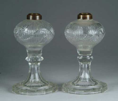 Appraisal: PAIR OF RARE BELLFLOWER FLUID LAMPS Bellflower decorated ribbed font