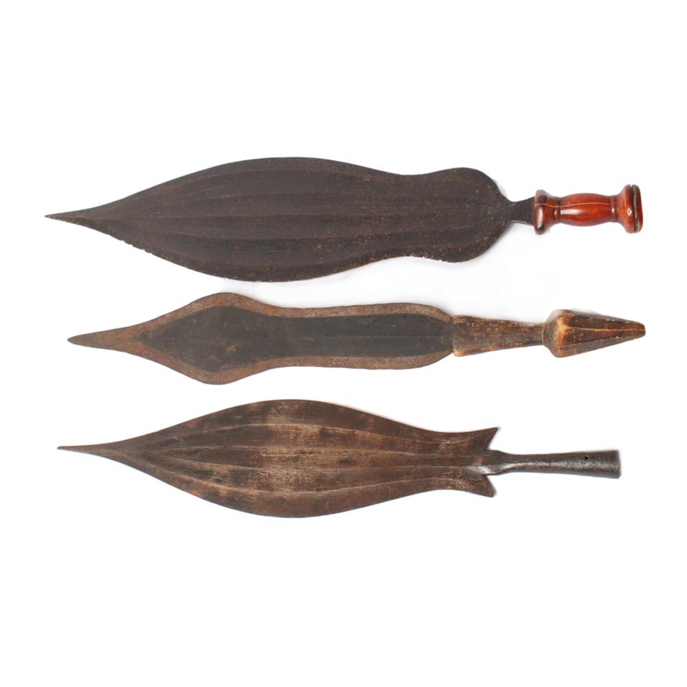 Appraisal: AFRICAN WEAPONRY THREE LARGE AFRICAN FORGED IRON SPEAR POINTS BLADES