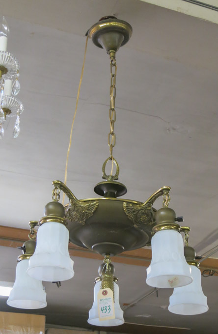 Appraisal: FIVE-LIGHT CEILING LIGHT FIXTURE American c s a brass fixture