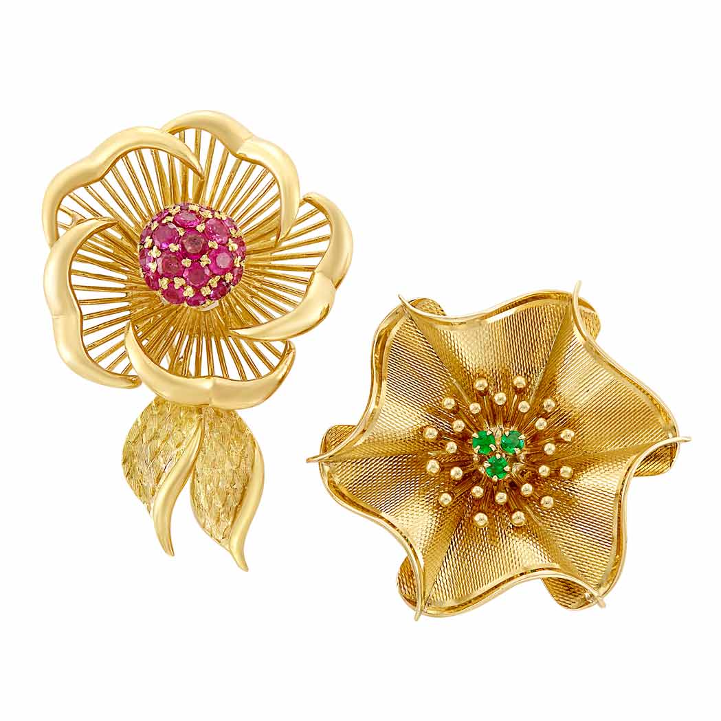 Appraisal: Gold and Ruby Flower Brooch and Gold and Emerald Flower