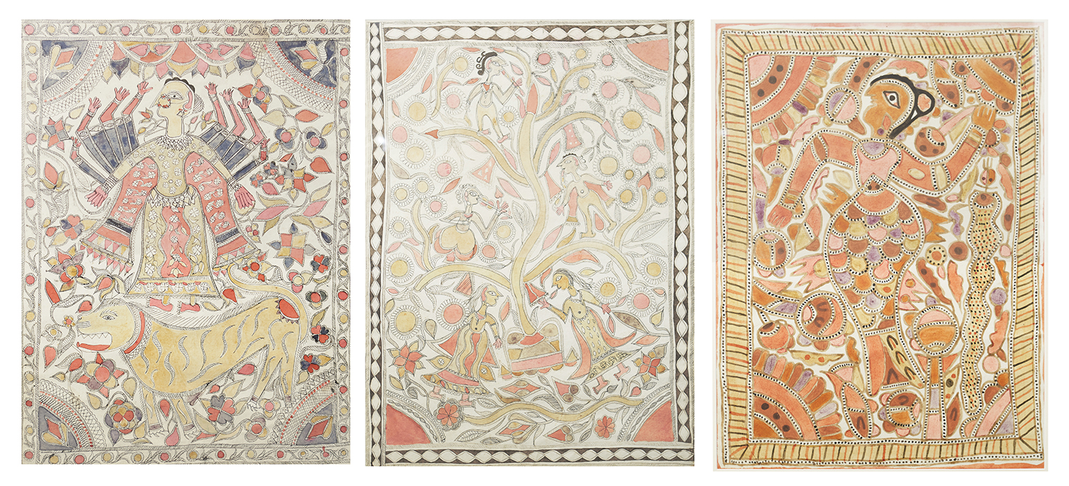 Appraisal: A SET OF THREE MUDHUBANI PAINTINGS ON HANDMADE PAPER BIHAR