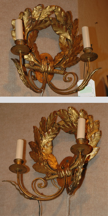 Appraisal: Pair of Wreath Decorated Gilt-Wood Two-Light Sconces Estimate nbsp nbsp