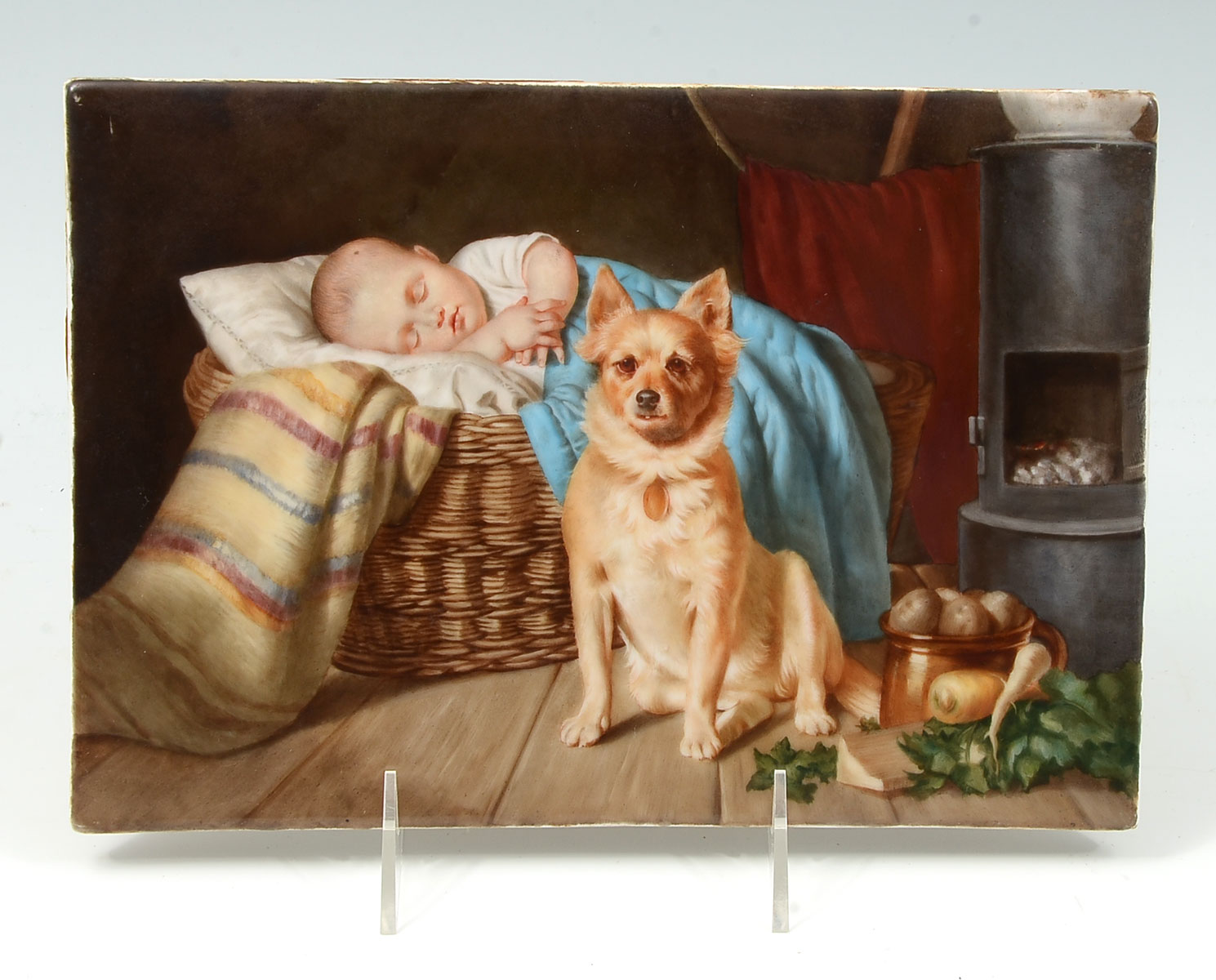 Appraisal: EUROPEAN PAINTING PORCELAIN PLAQUE OF SLEEPING BABY AND FAITHFUL GUARD